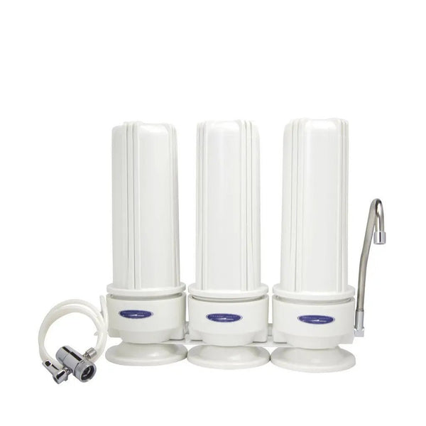 Crystal Quest triple countertop water filter with fluoride removal — activated alumina reduces fluoride, lead, and arsenic