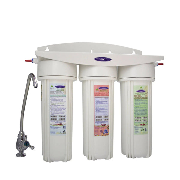 Crystal Quest Mega Undersink Triple Replaceable Arsenic Water Filter System side view — commercial inline water filter for multi-stage point-of-use filtration
