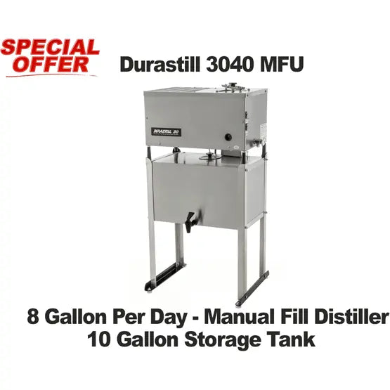 Durastill 3040 MFU manual fill water distiller — countertop unit producing up to 8 gallons of distilled water per day