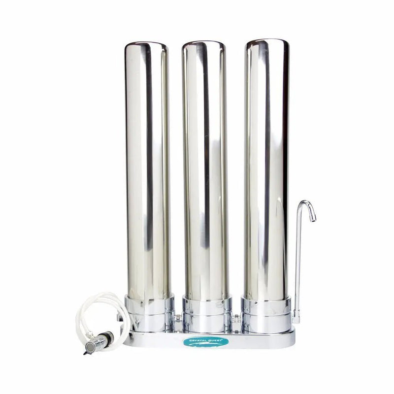 Crystal Quest Countertop Stainless Steel Triple Replaceable Tall PLUS Water Filter System — water filtration system